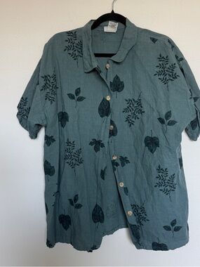 Tropism Men's Casual Short-Sleeve Button-Down Shirt - Teal Green Leaf Print